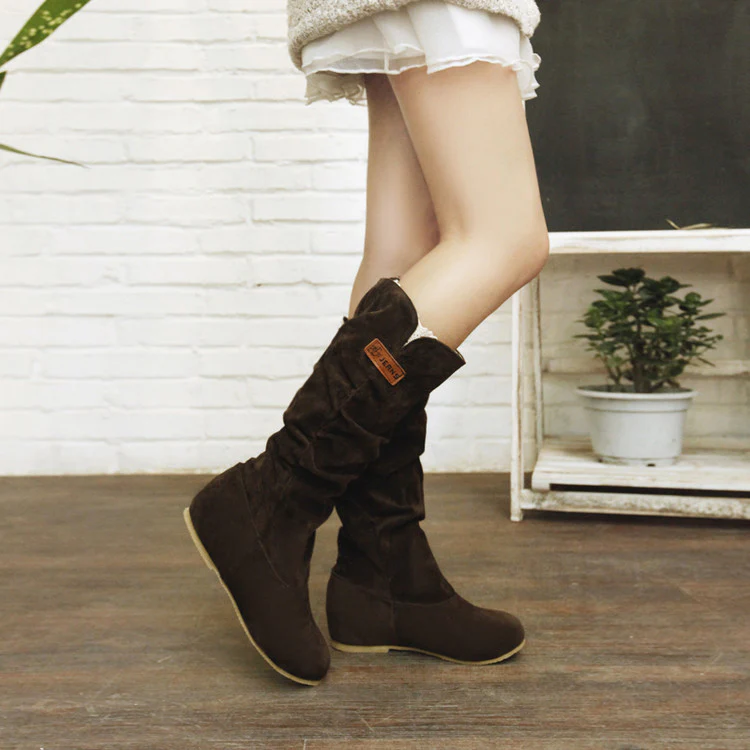 Women's Western Lace Mid-Calf Boots - Crinkle Suede Slouch Cowboy Boots