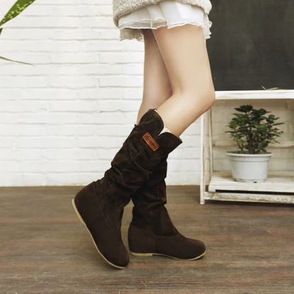 Women's Western Lace Mid-Calf Boots - Crinkle Suede Slouch Cowboy Boots