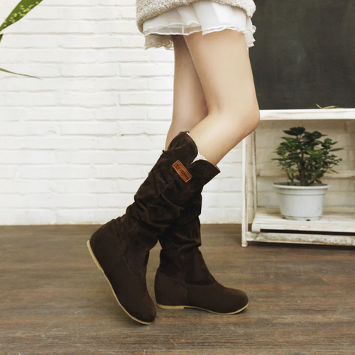 Women's Western Lace Mid-Calf Boots - Crinkle Suede Slouch Cowboy Boots