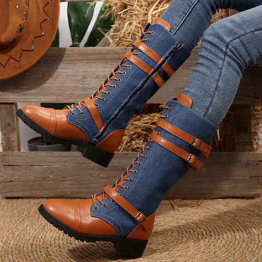Women's Rogue Riding Boots - PU & Denim Lace-Up Combat Boots