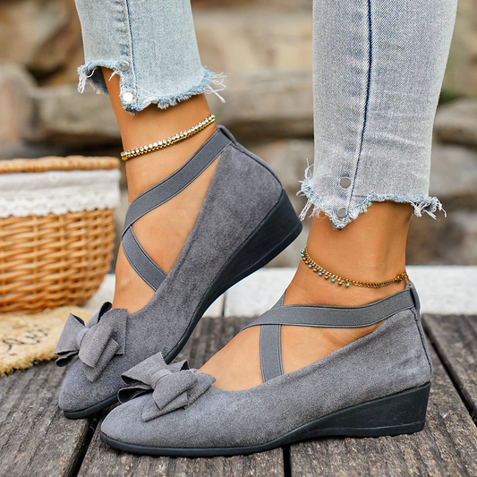 Women’s Elara Bow Suede Wedge Loafers – Elastic Cross-Strap Comfort Slip-Ons