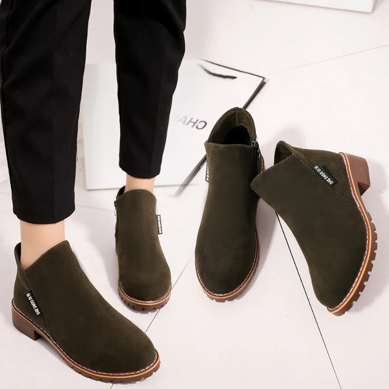 Women's Suede Chelsea Ankle Boots - Side Zip Low Heel Martin Boots