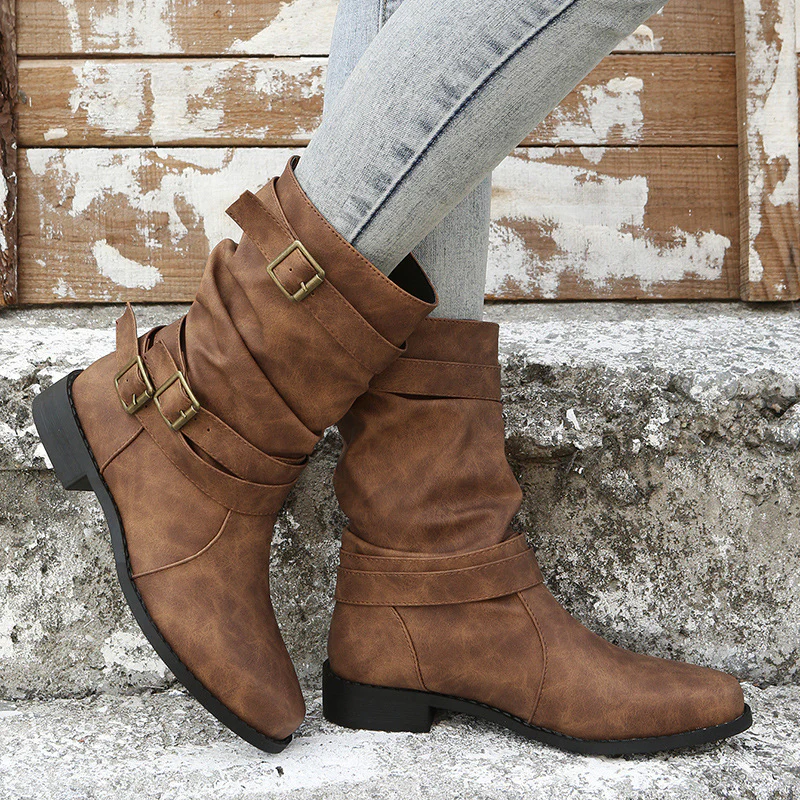 Women's Matte PU Buckle-Detailed Slouch Boots - Crushed Texture Stacked Mid-Calf Flat Boots