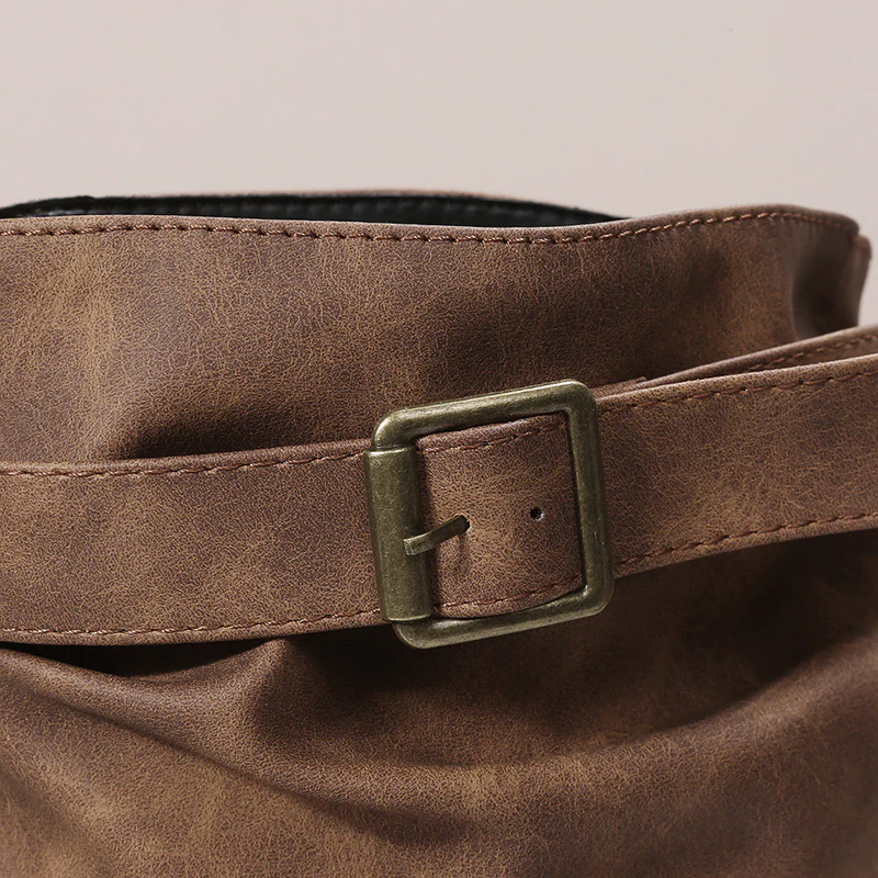 Women's Matte PU Buckle-Detailed Slouch Boots - Crushed Texture Stacked Mid-Calf Flat Boots