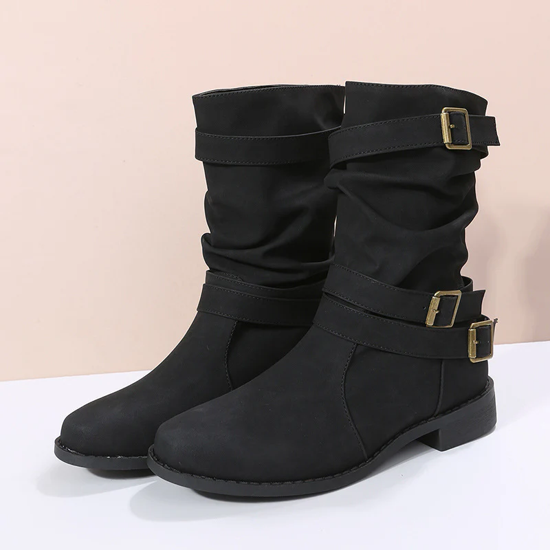 Women's Matte PU Buckle-Detailed Slouch Boots - Crushed Texture Stacked Mid-Calf Flat Boots