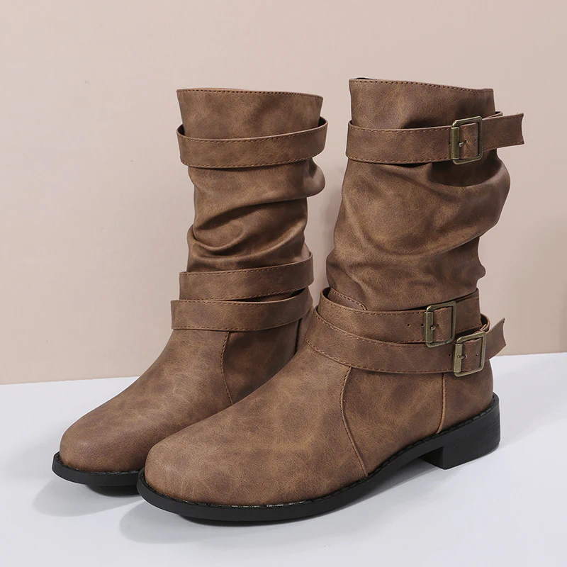 Women's Matte PU Buckle-Detailed Slouch Boots - Crushed Texture Stacked Mid-Calf Flat Boots