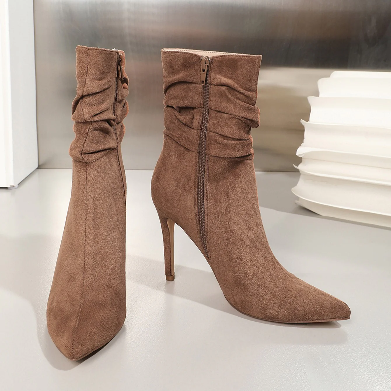 Women's Stiletto Heel Ankle Boots - Pointed Toe Suede Martin Boots