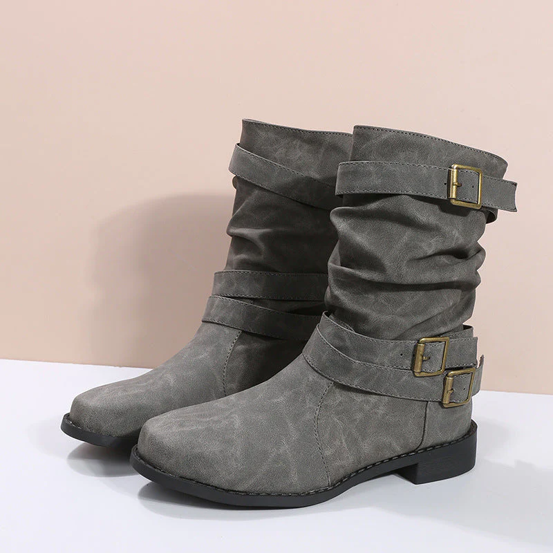Women's Matte PU Buckle-Detailed Slouch Boots - Crushed Texture Stacked Mid-Calf Flat Boots