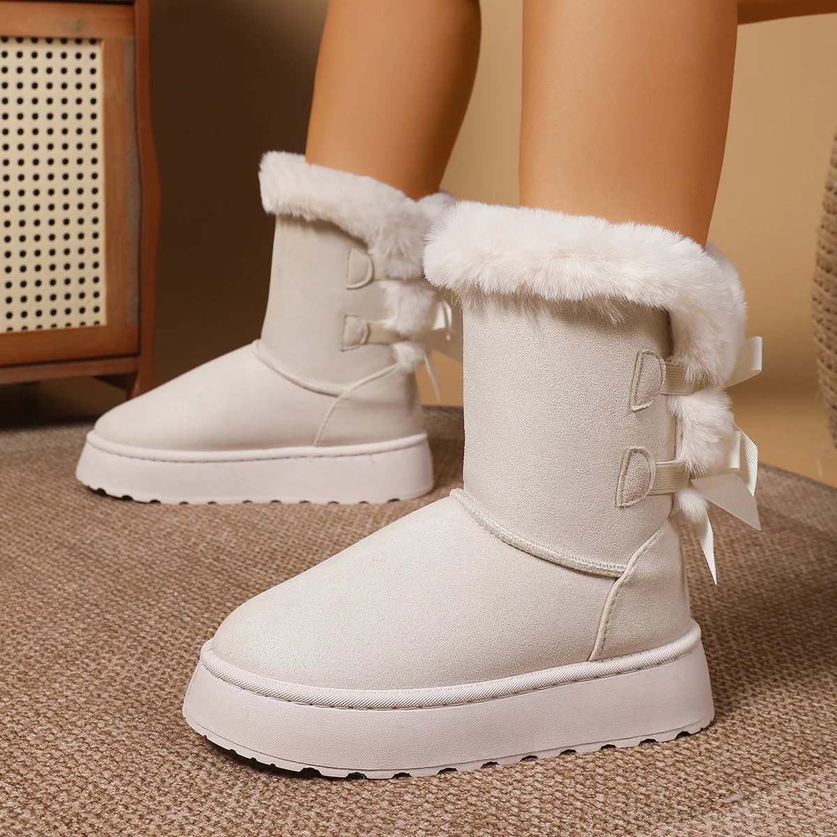 Women’s CozyBow Short Snow Boots – Fleece-Lined Warmth & Anti-Slip Platform
