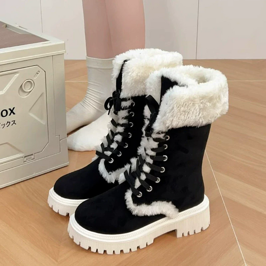 Winter New Women's Velvet Mid-Tube Cotton Boots with Thickened Lining and Height-Enhancing Design